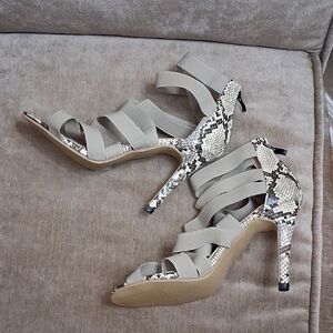 Elegant Beige Strappy Heels with Snakeskin Detail